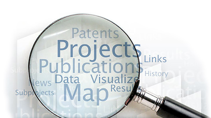 magnifying glass with the words Patents, Projects, Publications, Data, Map