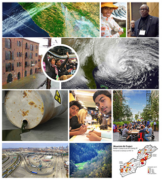 Collage of R2A public events and various natural disasters including oil spill, traffic, hurricanes and flooding