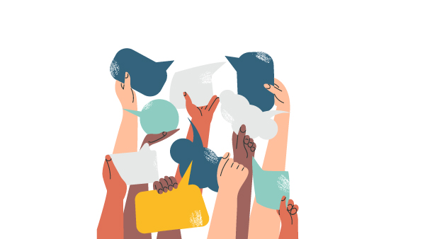 Illustrated hands holding up speech bubbles