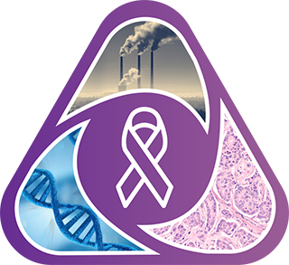 white ribbon on purple background, surrounded by dna chain, cells and smoke stacks
