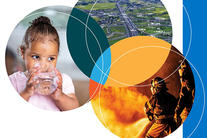 Climate Change Abstract with picture of child drinking water, firefighters fighting fire, and aerial view of land 