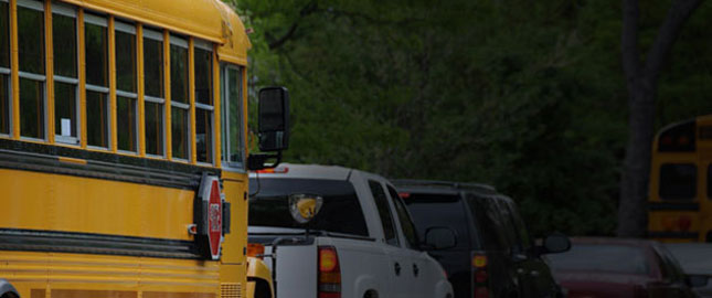 Picture of a school bus waiting in traffic