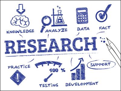 Research poster depicting knowledge, analysis, data, facts, practice, testing, development and support