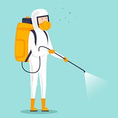 cartoon image of man in a hazmat suit and backpack tank holding a spraying wand