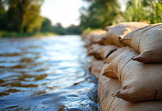 sandbags holding back rising flood water