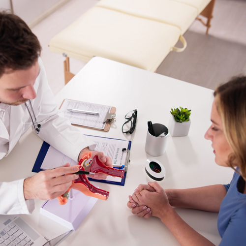doctor showing patient a uterus model