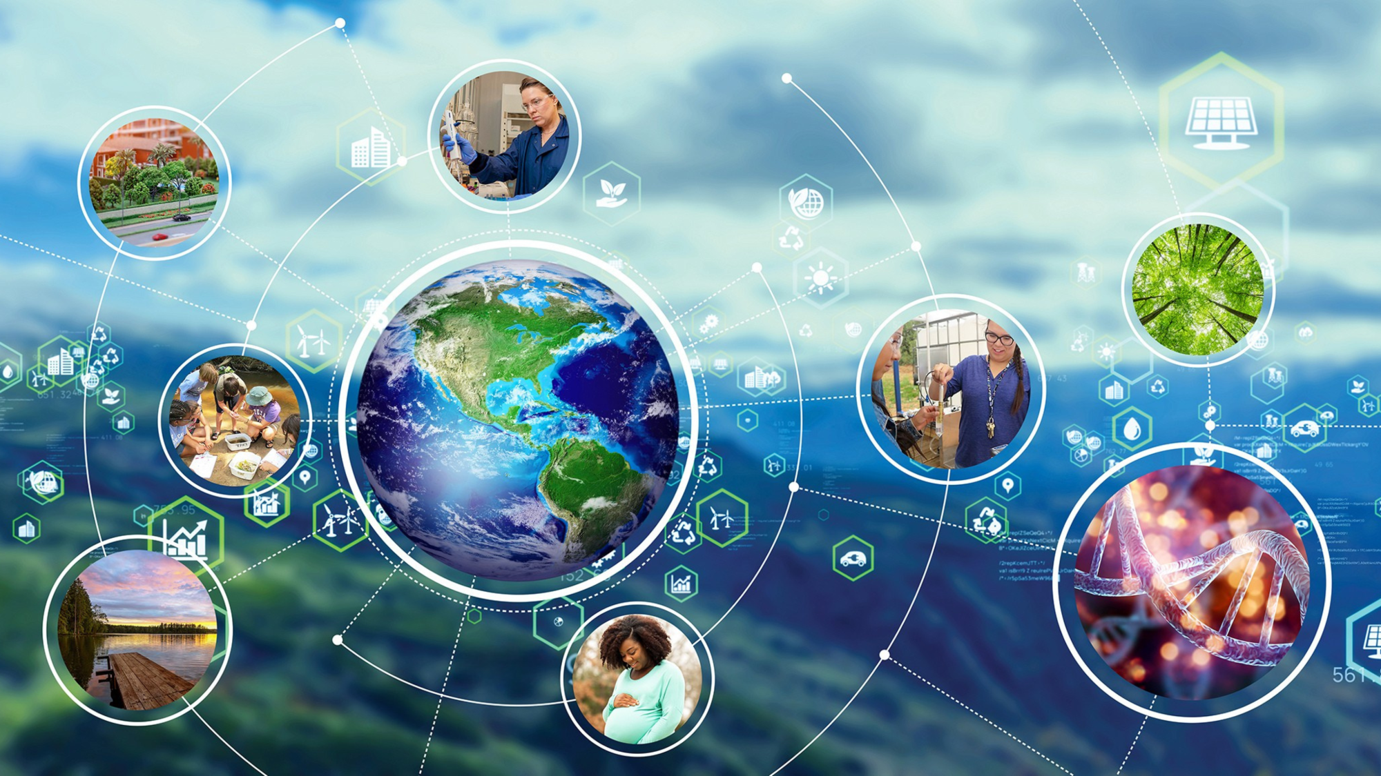 Graphic of Earth with other photos surrounding it such as scientists, plants, and DNA
