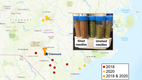 Map of North Carolina with sampling locations indicated by dots in relation to the Chemours facility