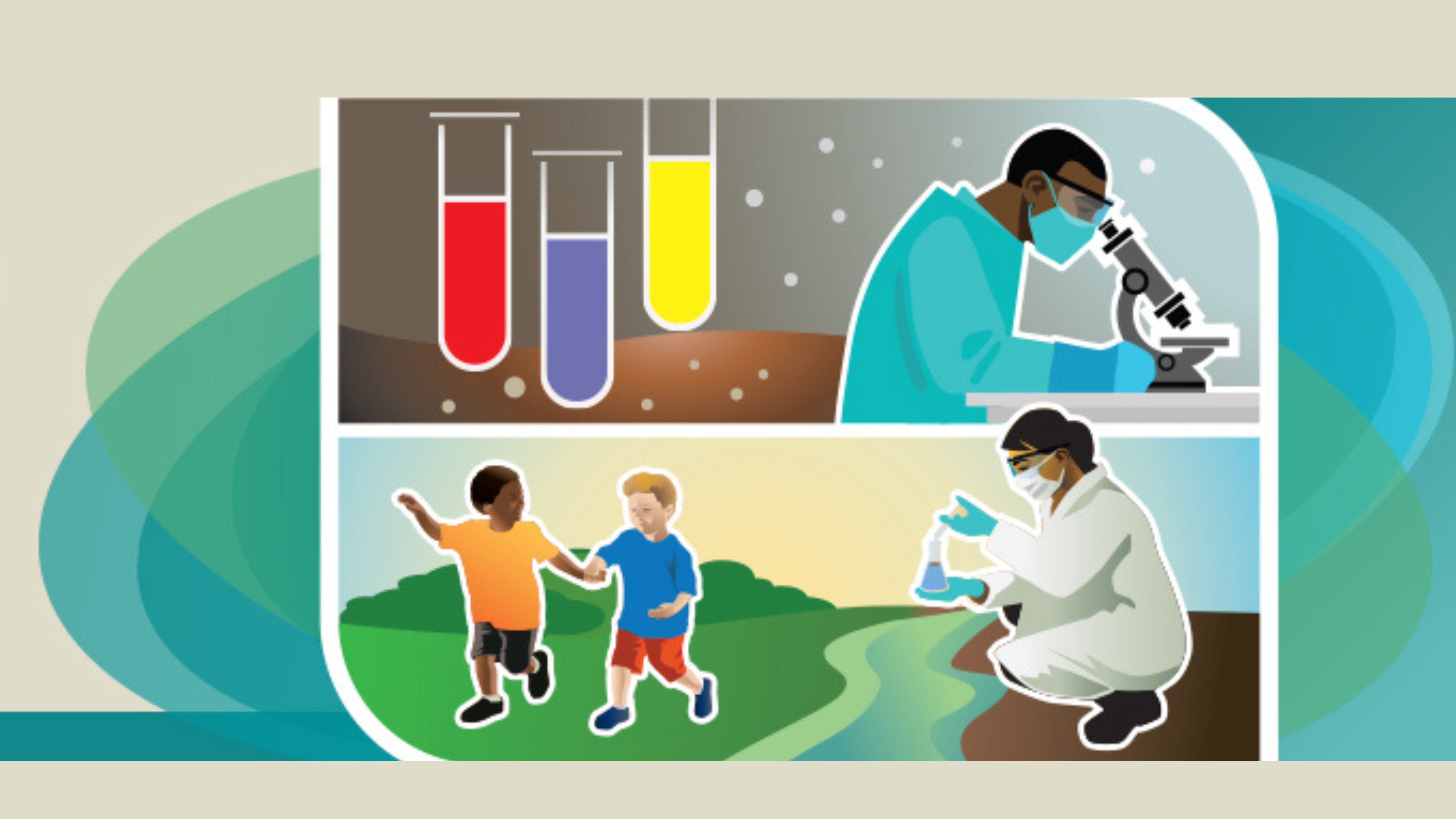 Collage of test tubes, microscope, water sampling