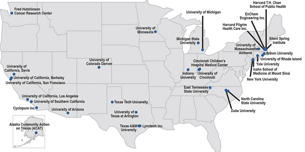 map of US with states marked where NIEHS-Supported Researchers Focusing on PFAS is taking place