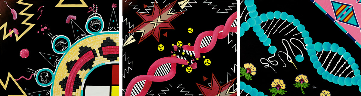 Chalk pastel by Mallery Quetawki: Left: Immune Response depicts a healthy immune cell as a traditional Navajo basket surrounded by symbols of spiritual protection, including bear, war pony, buffalo, and arrowheads. Center: DNA Damage shows the protection symbols break off the basket and fight, signifying autoimmune dysfunction. Right: DNA Repair illustrates how zinc can help repair DNA, like a jewelry-maker restrings beads to fix a broken necklace