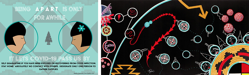 Art by Mallery Quetawki: Left: During the pandemic, Quetawki created positive, culturally appropriate art to remind people to take precautions. Right: This painting again uses protection symbols to show the immune system learning to fight coronaviruses by replicating spike proteins