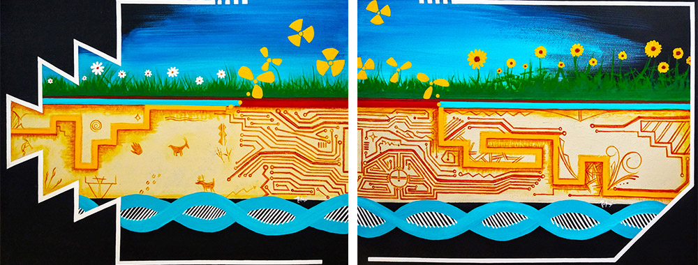 Art by Mallery Quetawki: Extraction and Remediation represents decades of mining operations on Indigenous lands, from extraction (left half) to remediation on sacred sites (right half).