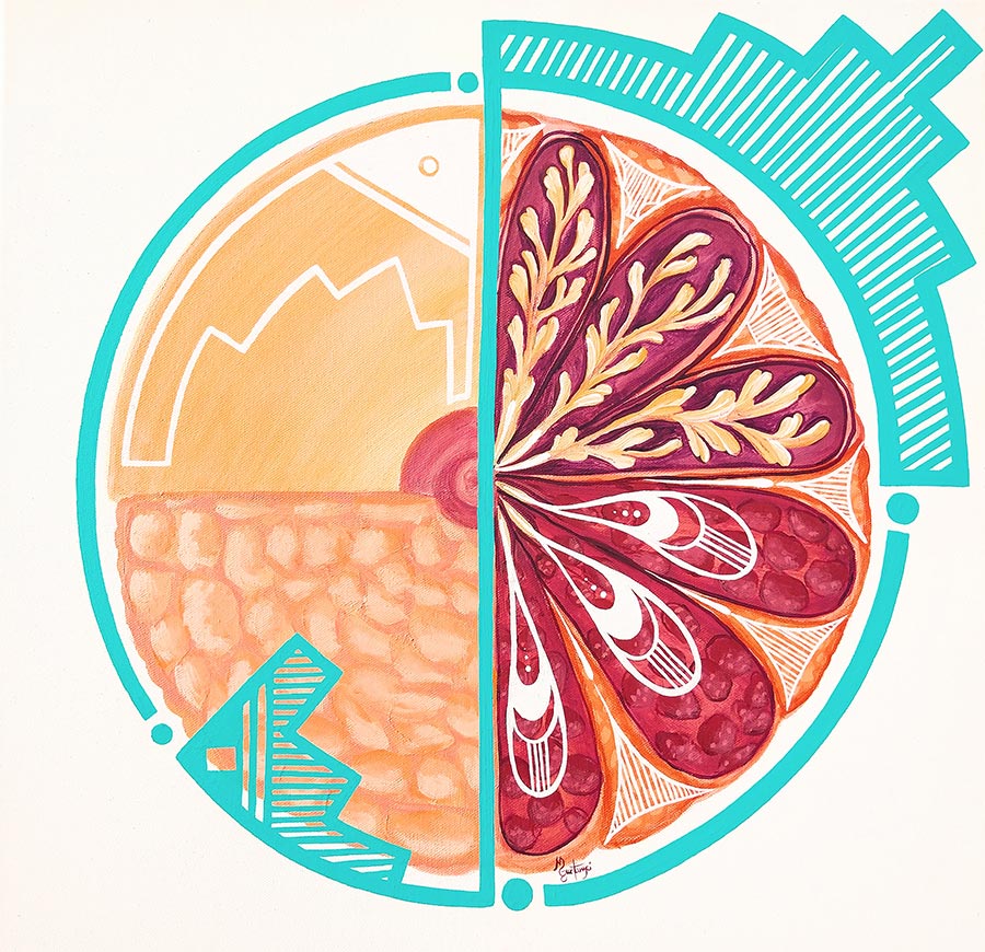 Art by Mallery Quetawki: Breast Health. Quetawki paired human anatomy with traditional Zuni pottery designs to evoke the Indigenous Way of Knowing concept that all things have life, purpose, and equal weight. This approach helps communicate the importance of breast health checkups.