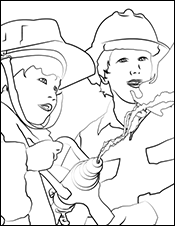 Girl Exploring - Girl and woman using hose coloring image