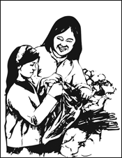 A mother and daughter selecting fruits and vegetables