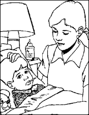 coloring picture of sick child with mother taking his temperature
