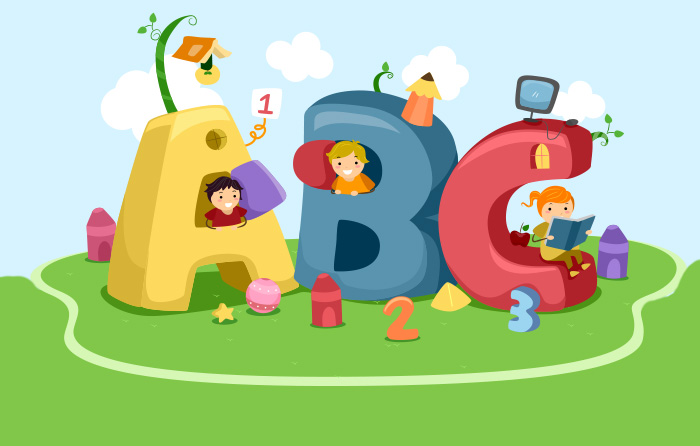 young children playing around letters and numbers