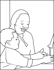 This mother is in the process of teaching her young son how to properly wash his hands at their kitchen sink, briskly rubbing his soapy hands together under fresh running tap water, in order to remove germs