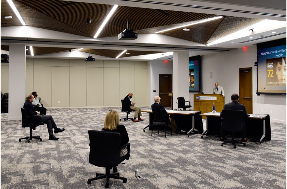 socially distanced attendees in Rodbell Auditorium
