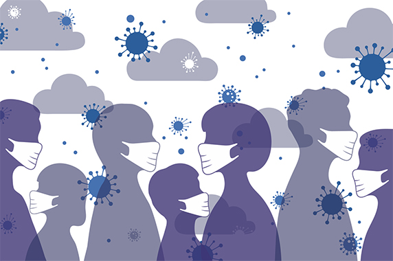 people with masks and airborne coronavirus particles