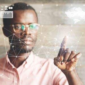 man drawing a chart using a touch screen interface