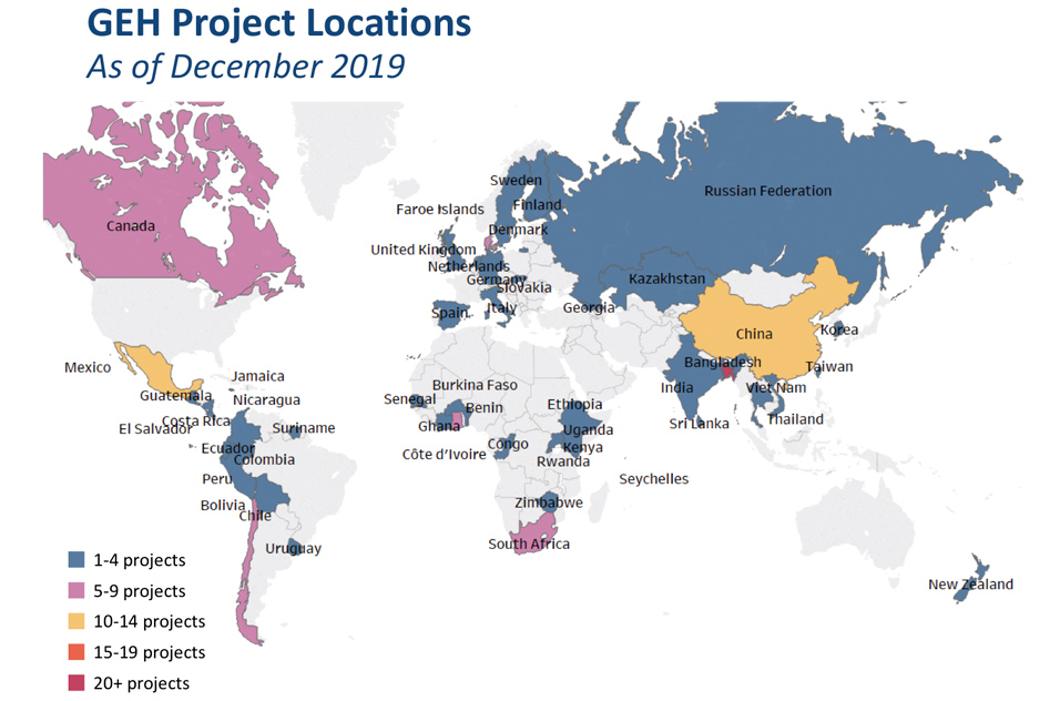 world map of GEH Project locations as of December 2019