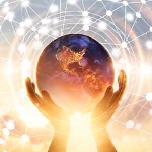 hands holding Earth and a circle global network connection