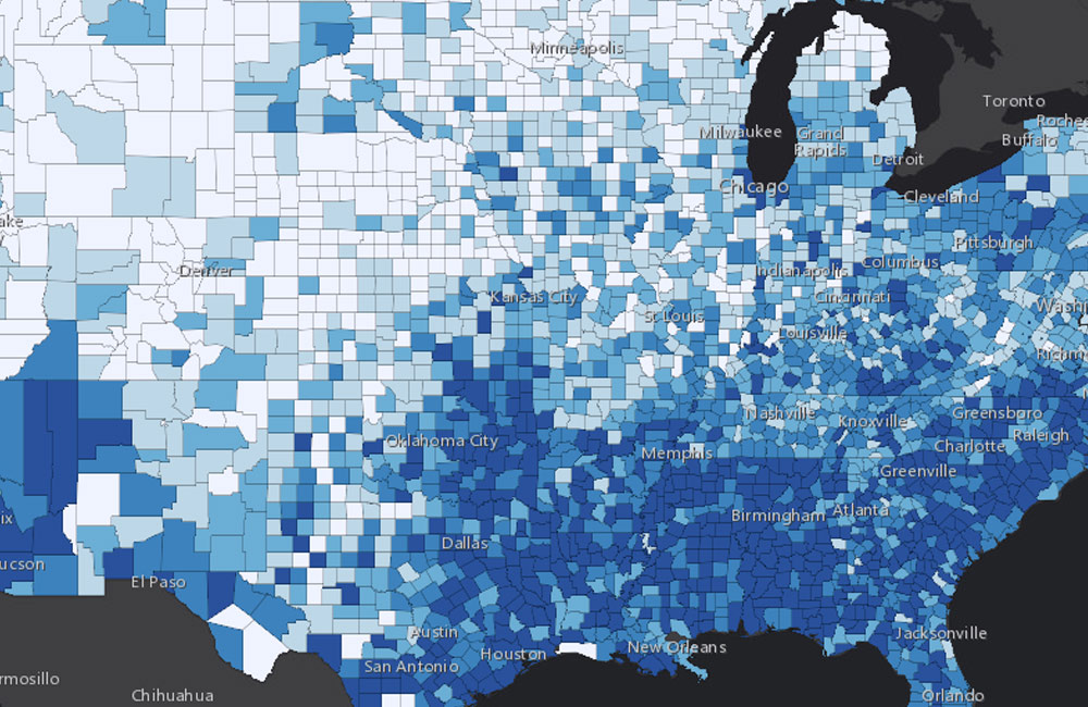 portion of U.S. map showing COVID-19 county map data