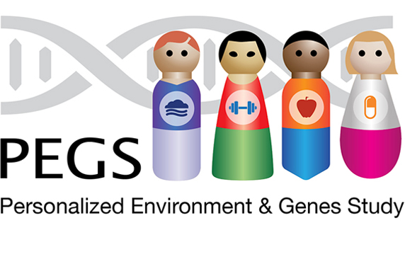 wooden pegs with faces with DNA strand behind