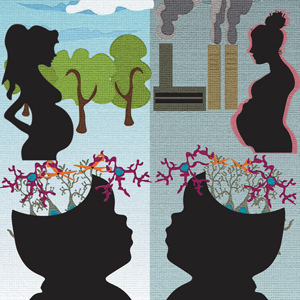 Illustration of two women exposed to environmental and housing stress above two images of children.
