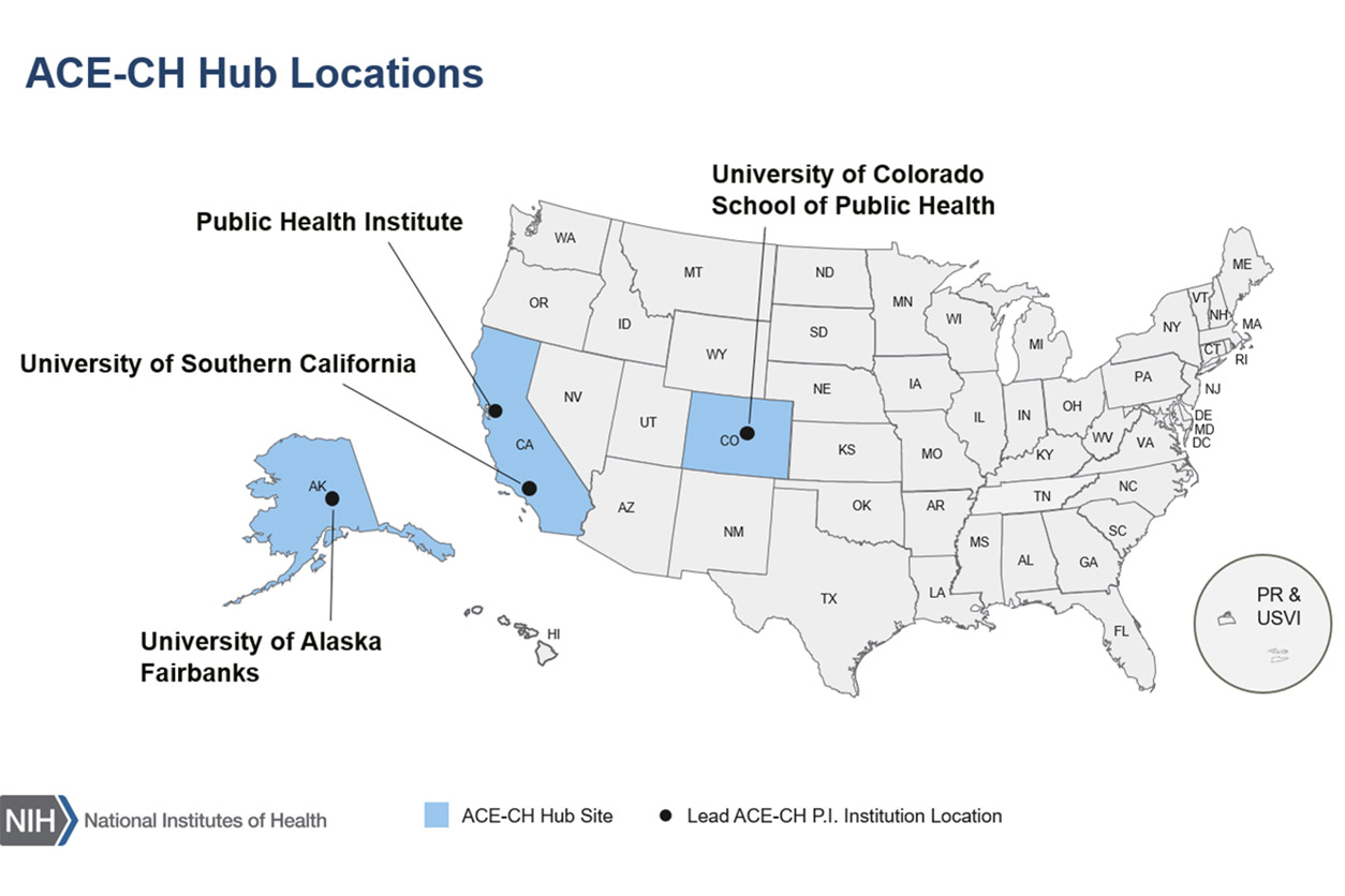 The locations and geographic coverage of the new ACE-CH sites, funded by the NIH Climate Change and Health Initiative.