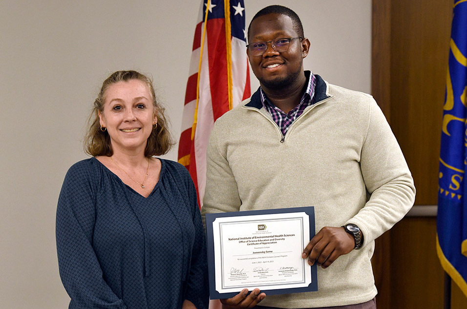Caroline Duval, Ph.D., who works in the Environmental Cardiopulmonary Disease Group, left, and NSCP scholar Joevensky Seme, right.