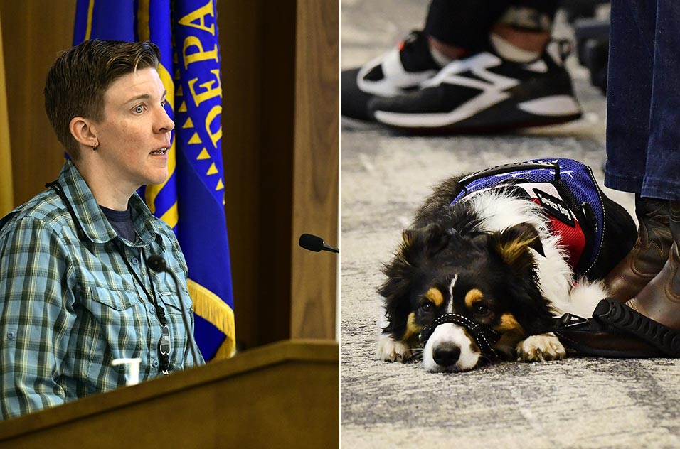 Aimee King (left) and a service dog, Willow
