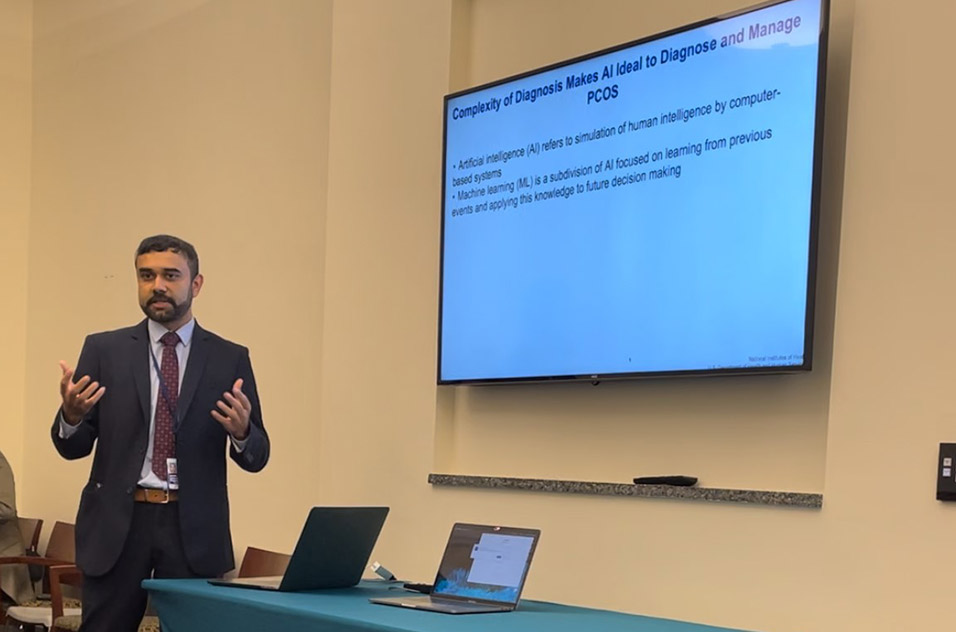 Shekar presents his team’s newest findings about PCOS and the use of AI at a briefing on Capitol Hill in September 2023. 