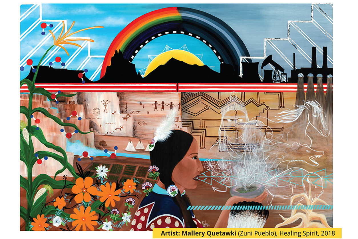 painted artwork by Zuni Pueblo artist Mallery Quetawk depicting a native american woman, flowers, horses, modern bulding, a rainbow and the sun rising behind a mountain