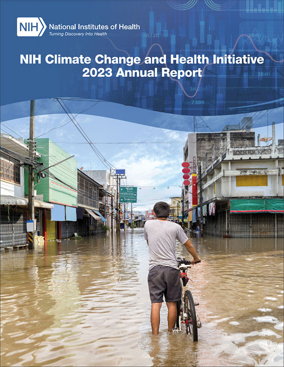 Cover of the 2023 NIH CCHI annual report, with a boy pushing a bike through a flooded street