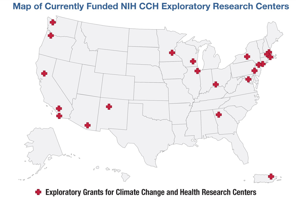 USA map with red marks for where the exploratory grants centers are located