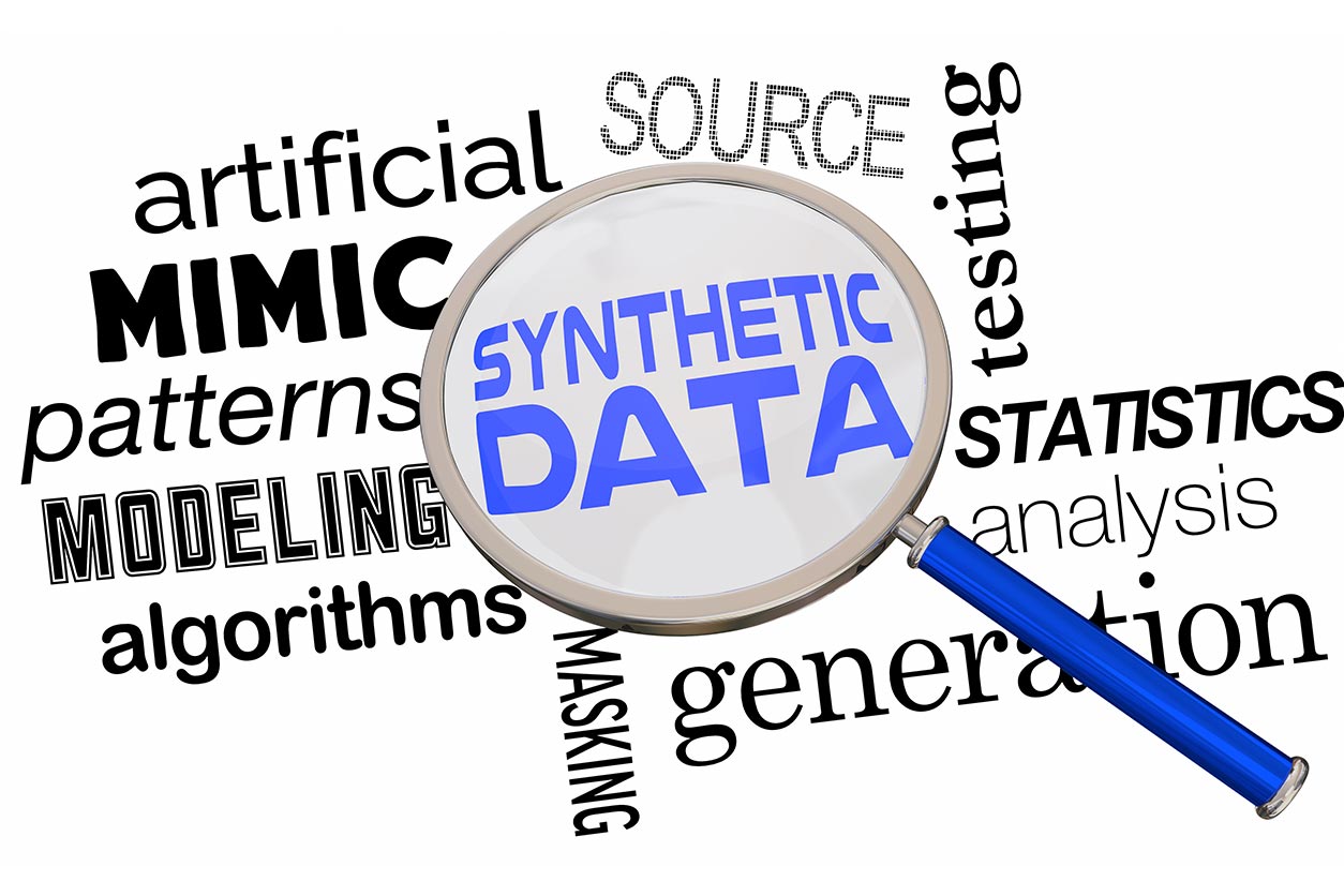 Synthetic data written inside of a magnifying Glass with artificial intelligence research information words outside the magnifying glass