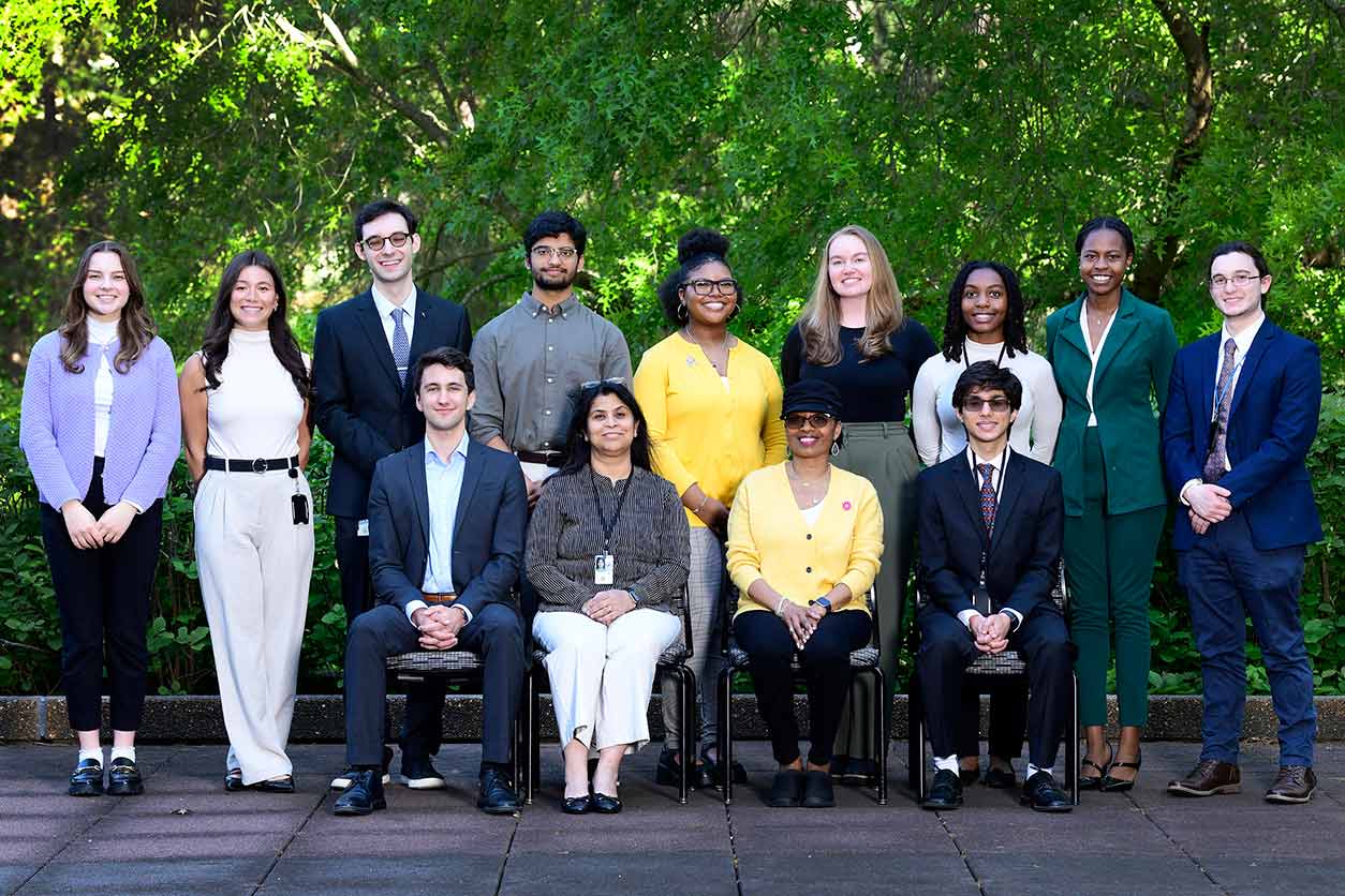 From left to right, standing, Emma Morgan, Olivia Hsu, Ricardo Scheufen-Tieghi, Dhruv Ranganath, Faith Dee, Isabella Russ, Taymar Smith, Kiara Smith, Justin Stegeman; seated, Coren O’Brien, Suchandra Bhattacharjee, Ph.D., Office of Science Education & Outreach Director Ericka Reid, Ph.D., and Arnav Thakar.