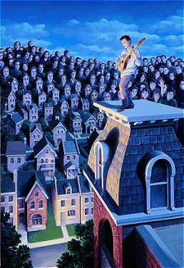 a picture of a musician playing to faces or places