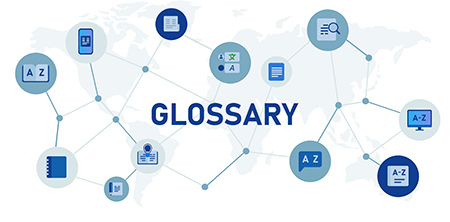 Glossary with connected icons on a world map