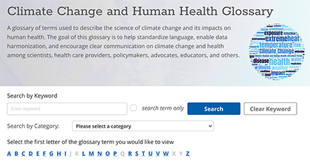 Climate Change and Human Health Glossary landing page screenshot