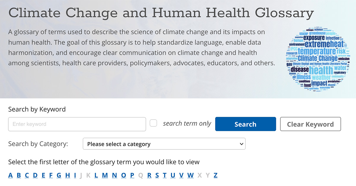 Climate Change and Human Health Glossary landing page screenshot