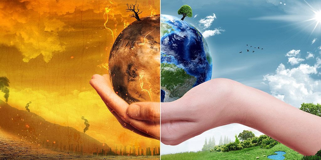 hand holding earth between two environmental scenarios