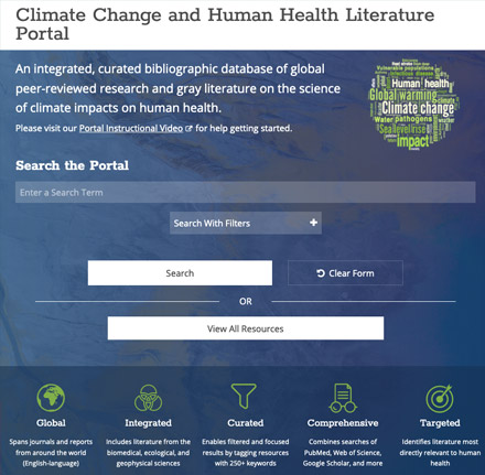 screenshot of the climate change and human health literature portal