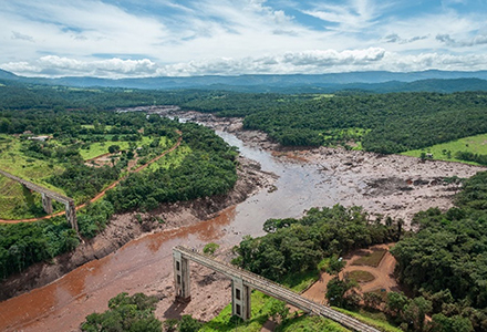 arial view of Brumadinho, Brazil river with a missing dam