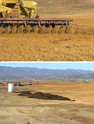 heavy equipment preparing soil (top) and a pile of fresh soil at the Iron King Mine site (bottom)