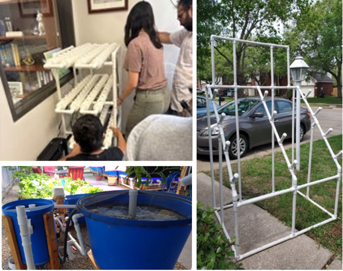 Collage of photos showing building process of aquaponics set up