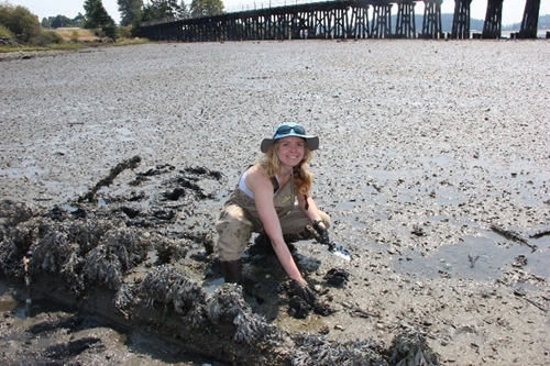 Woman crouched in tidal bay